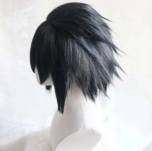 Anime Black Short Fluffy Layered Synthetic Hair Wigs Uchiha Sasuke Cosplay Wig Heat Resistant Fiber Wigs + Wig Cap