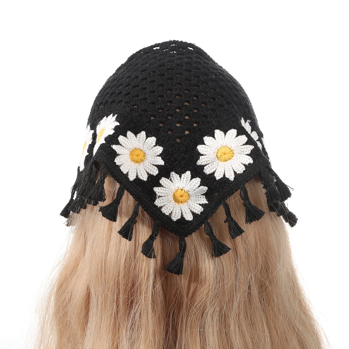 AWAYTR French Retro Tassel Knitted Girl Triangle Scarf Headgear Travel Cute Sunflower Crochet  Artistic Headscarf Women Headband