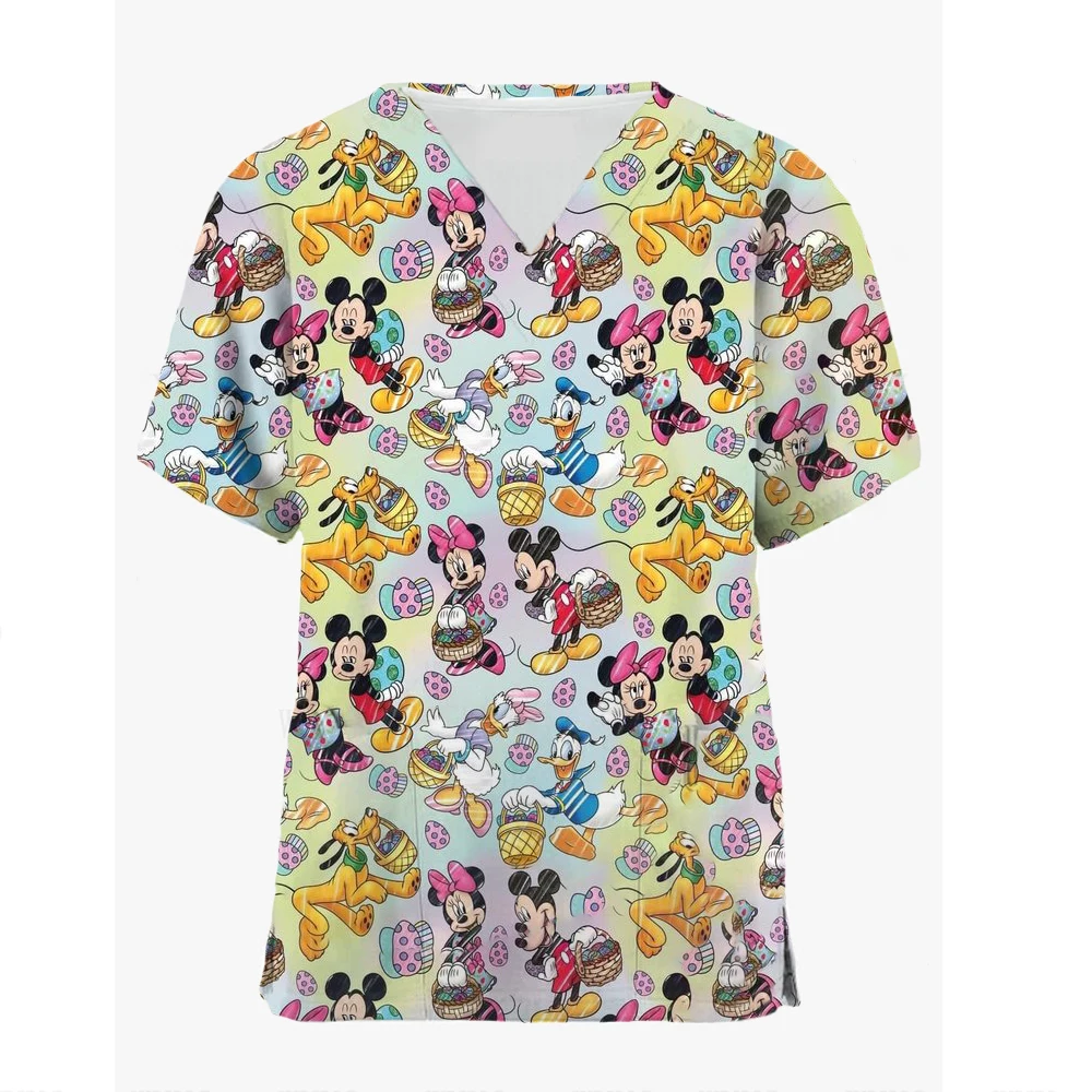 Mickey T Shirts Disney Tops Hospital Top Women 2024 V Neck T-shirts Minnie Mouse T-shirt Nurse Uniform Woman Clothes Pocket Tees