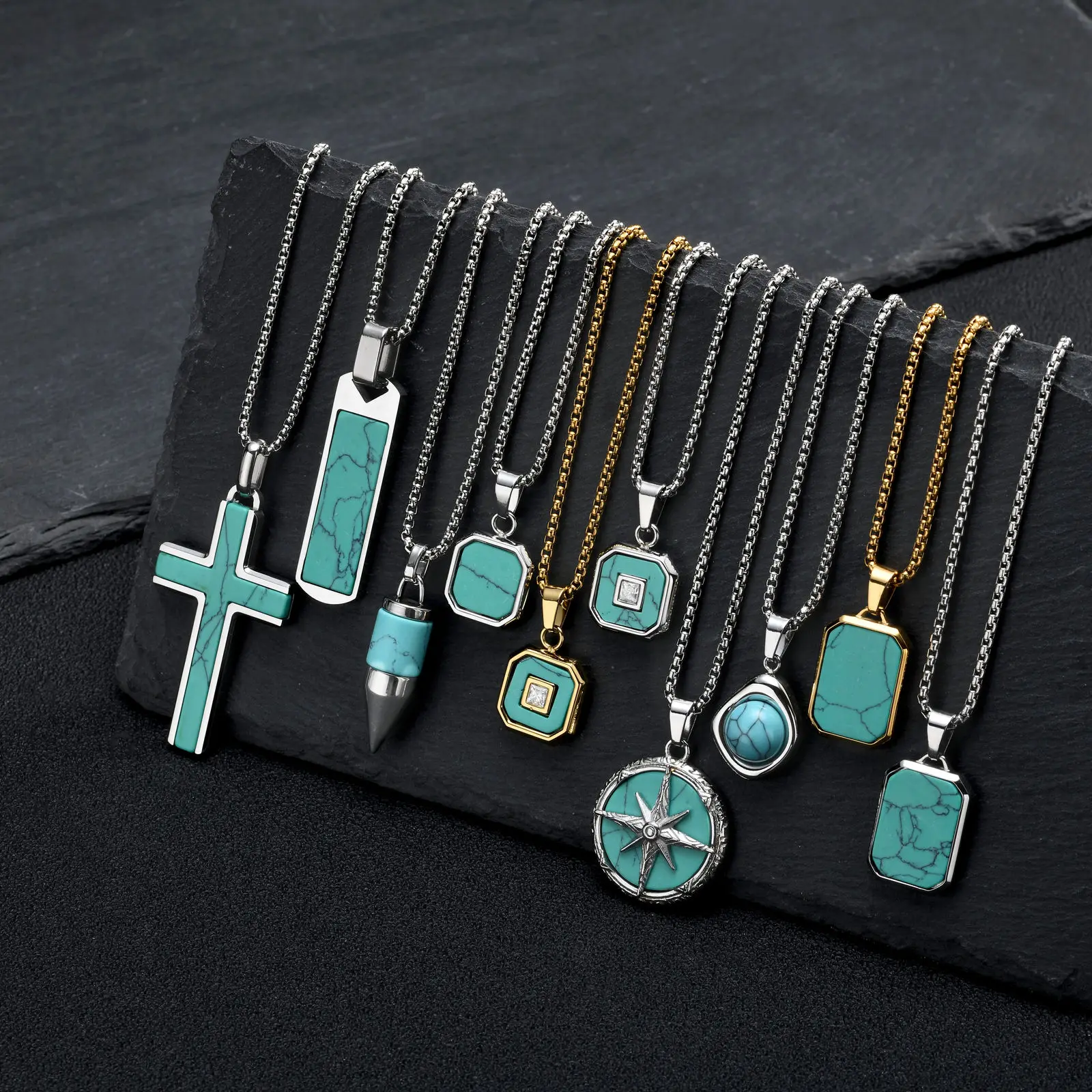 Vnox Turquoise Pendant Necklace for Men, Stainless Steel Box Chain Geometric Square Compass Natural Stone Vintage Jewelry Gift