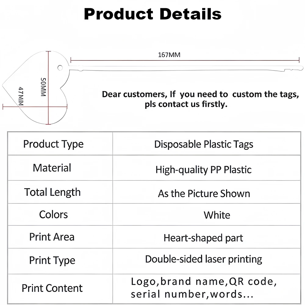 100 Stück personalisierte Kleidungsetiketten aus Kunststoff mit Sicherheitsdruck für Kleidung, Schuhe, Produkte, Logos, Herz-Geschenketiketten – Detail 2