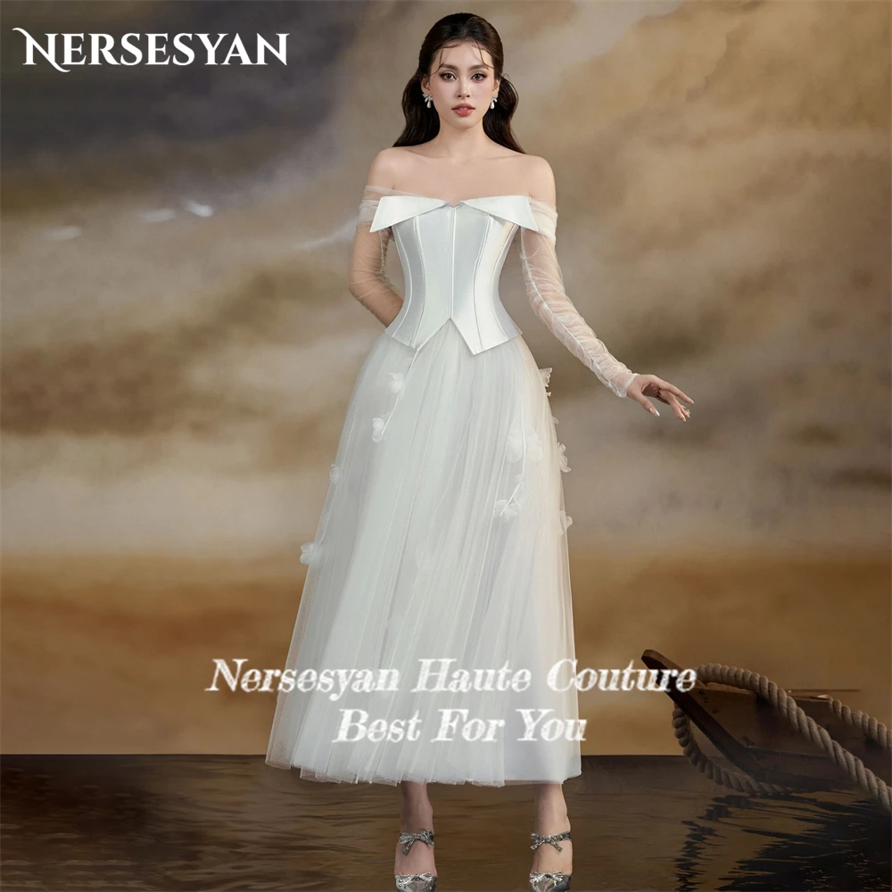 Nersesyan abiti da sposa eleganti in pizzo abiti Top a-line Off spalla lunghezza tè abiti da sposa Backless maniche lunghe abito da sposa