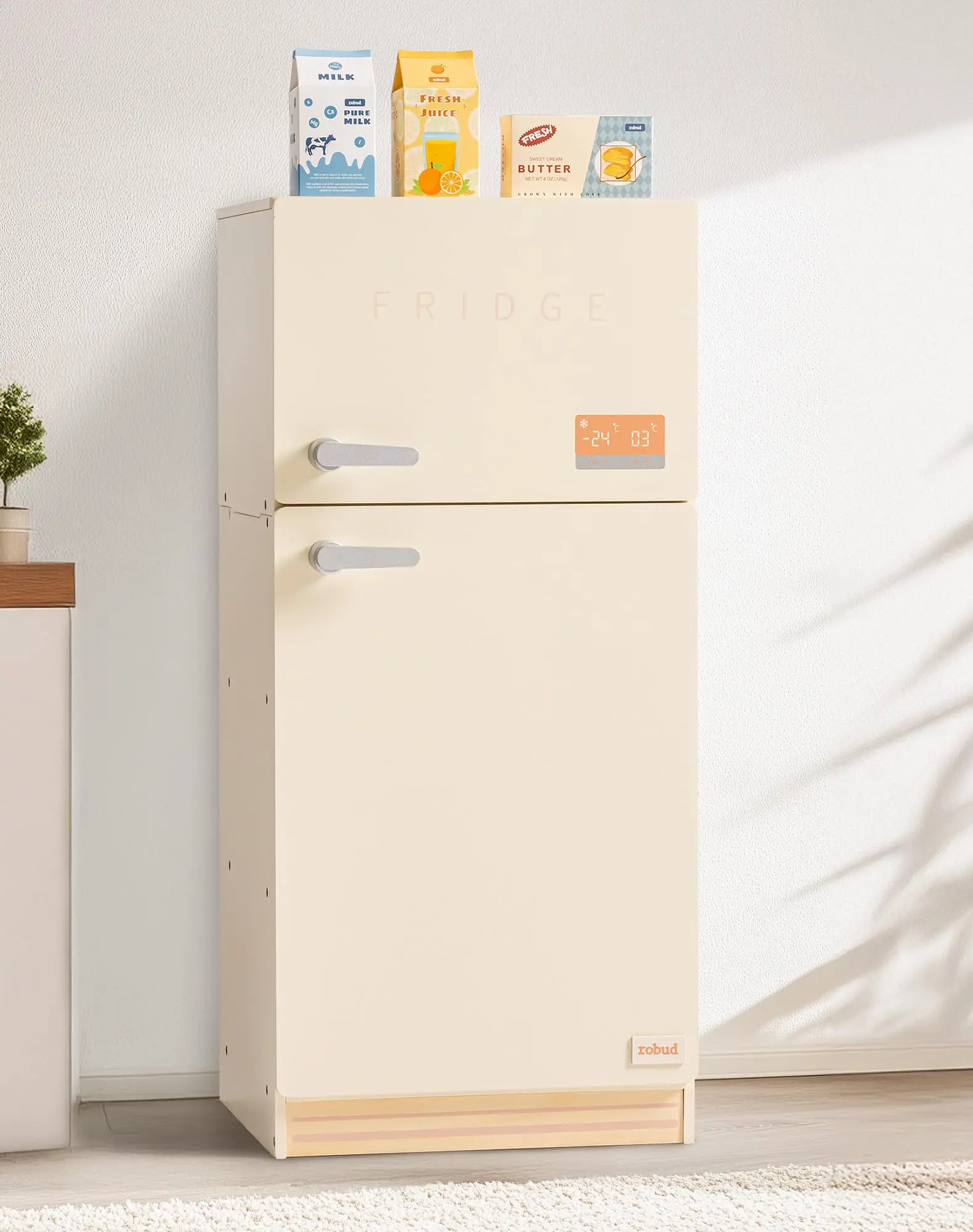 ROBOTIME ROBUD Play Kitchen Juego de simulación de madera Juego de accesorios para refrigerador para niños niñas niños mayores de 3 años