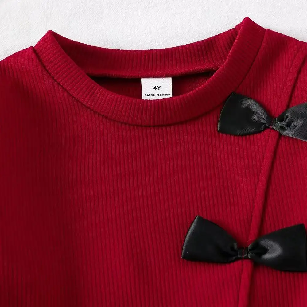 

2026 New Fashion Kids 2Pcs Outfits burgundy Bow Blouse + Black Flare Trousers Fall Winter Toddler Clothes for 4-7Y