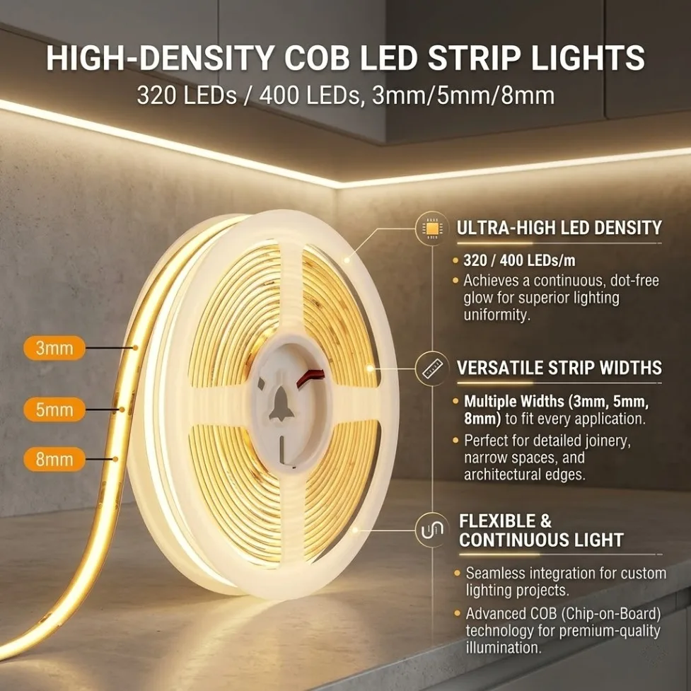 3mm/5mm/8mm High Density Dimmable 5V COB LED Strip 320/400LEDs/M Flexible Tape Light for DIY TV Backlight Kitchen Bedroom Decor