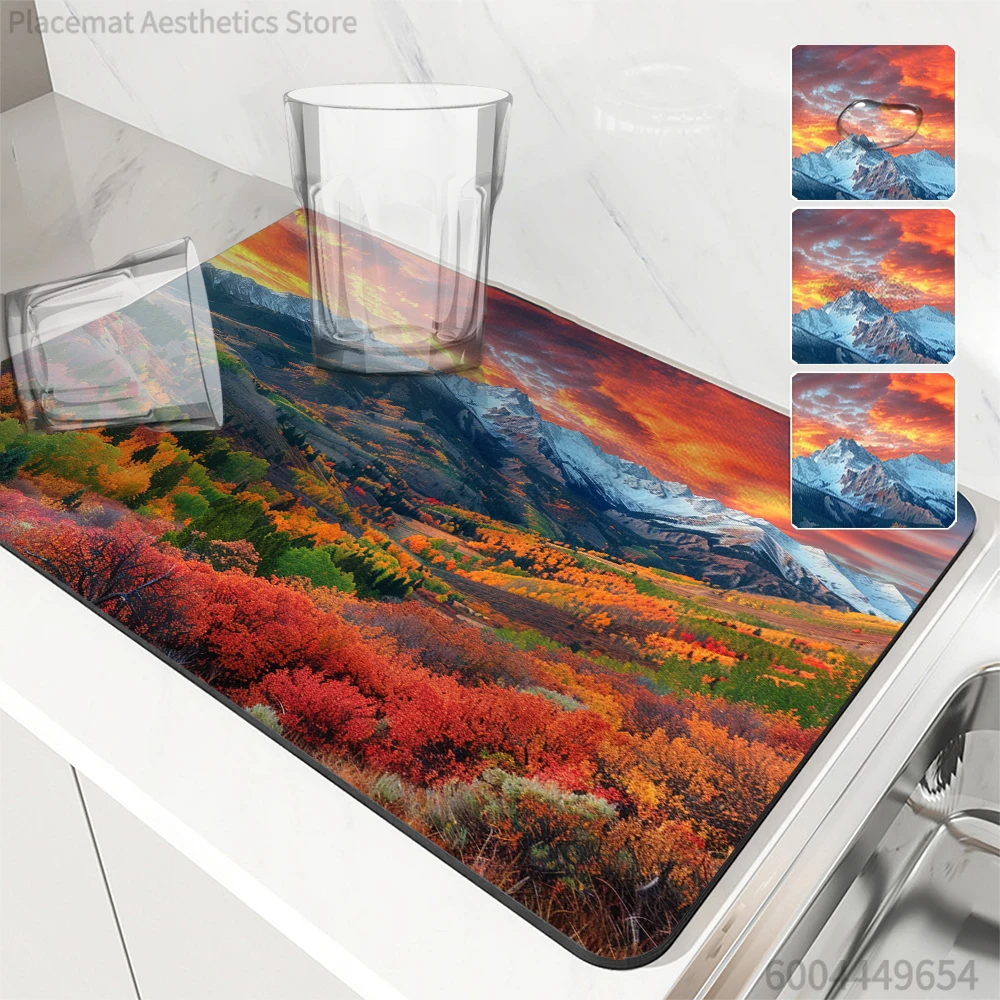 Kaffeetassen-Trockenmatte mit Herbstlandschaft, Rutschfeste Absorbierende Matte aus Kieselgur für Geschirr, Küchentheke und Kaffeebar