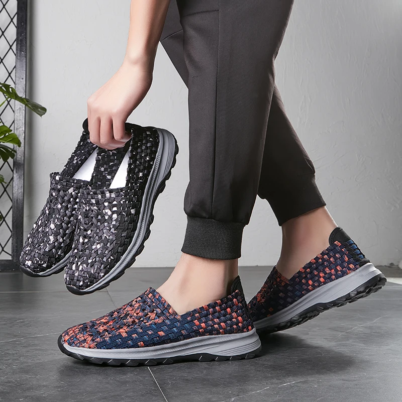 STRONGSHEN Summer Men Handmade Shoes Casual Shoes Breathable Flats Shallow Woven Walking Shoes Slip On Loafers Zapatos De Mujer