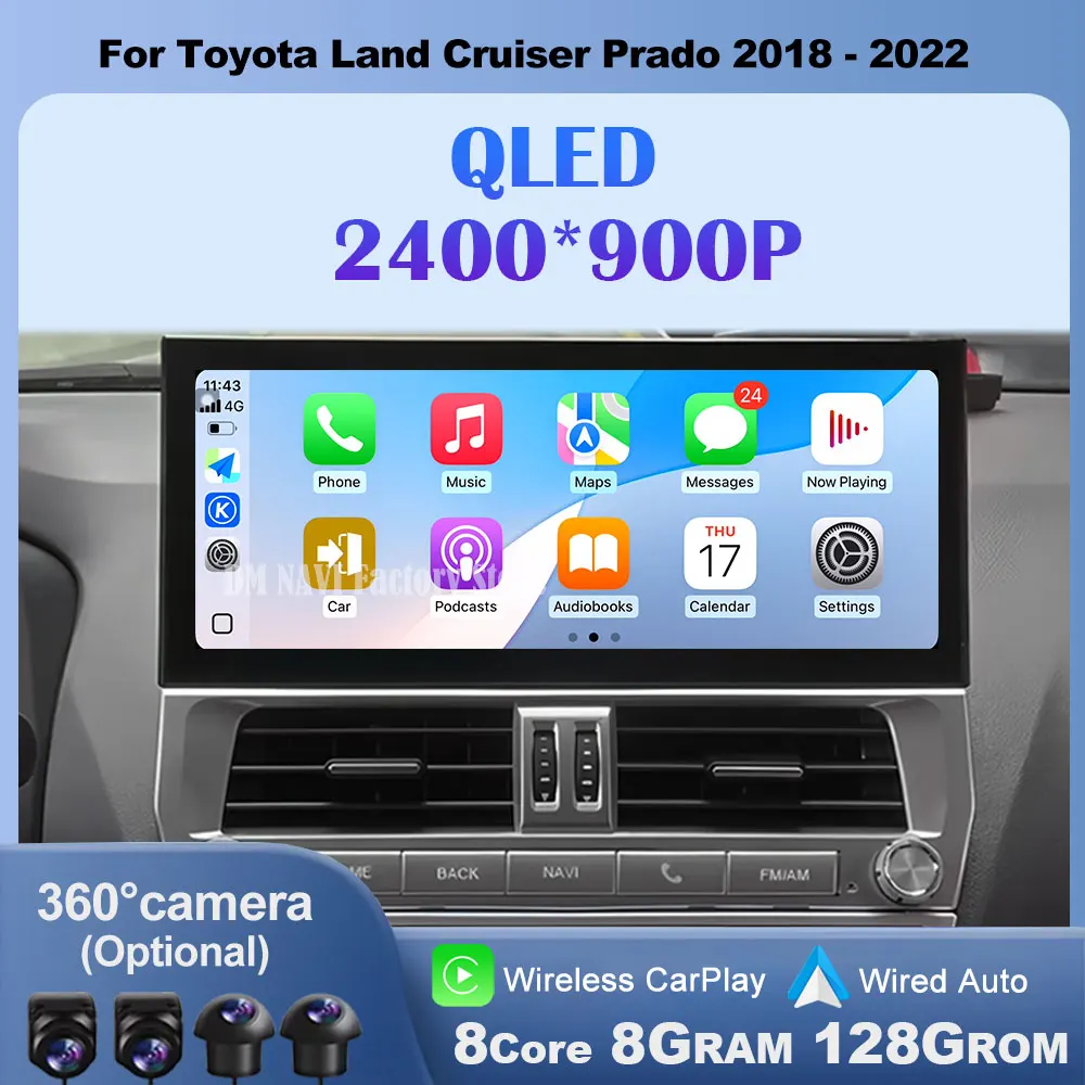Беспроводной мультимедийный дисплей CarPlay с сенсорным экраном для Toyota Land Cruiser Prado 150 2018-2022 Android, авто-навигация, GPS