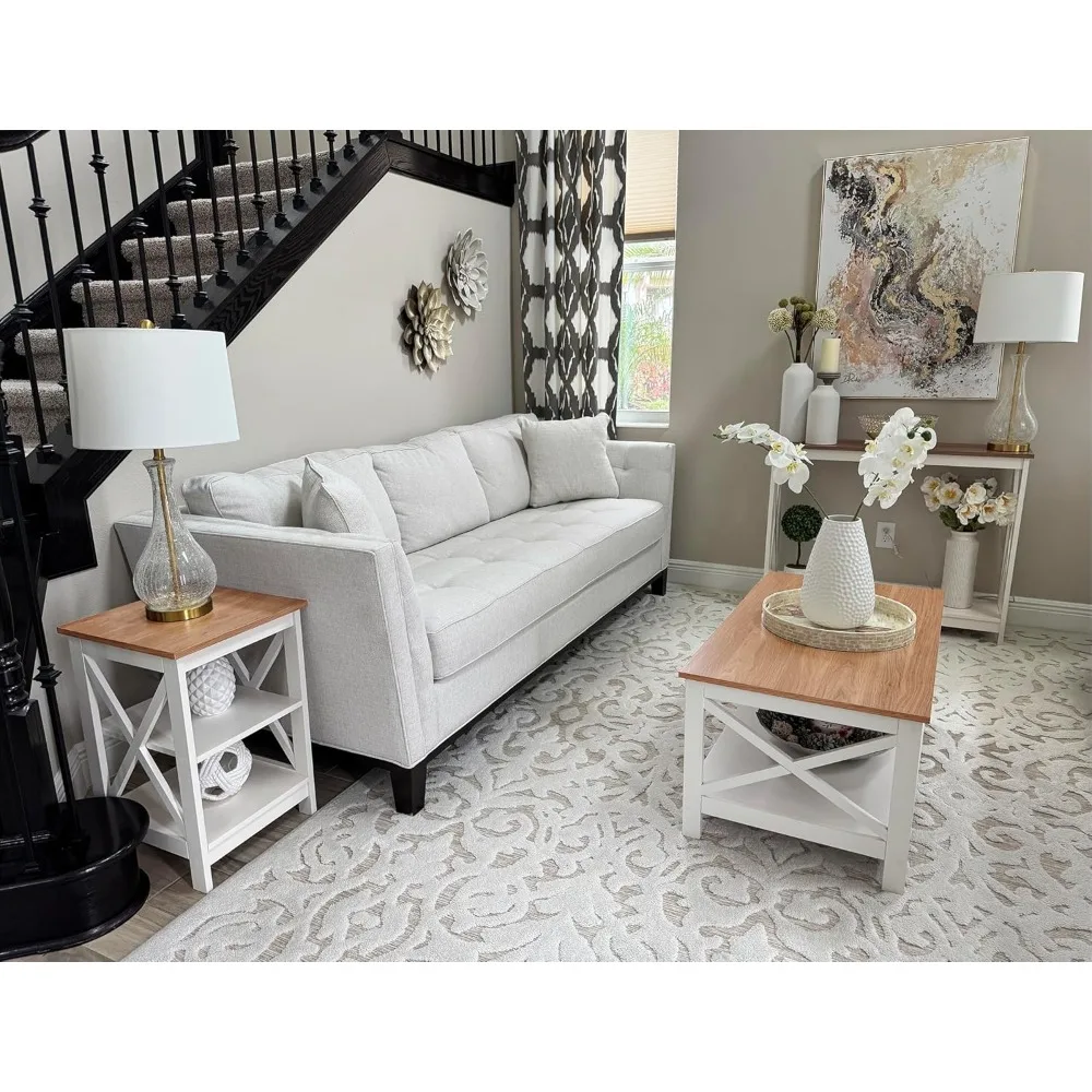 Farmhouse Coffee Table 39'', 2-Tier Coffee Table Set with Storage for Living Room, X-Frame Design Rustic Center Tabl