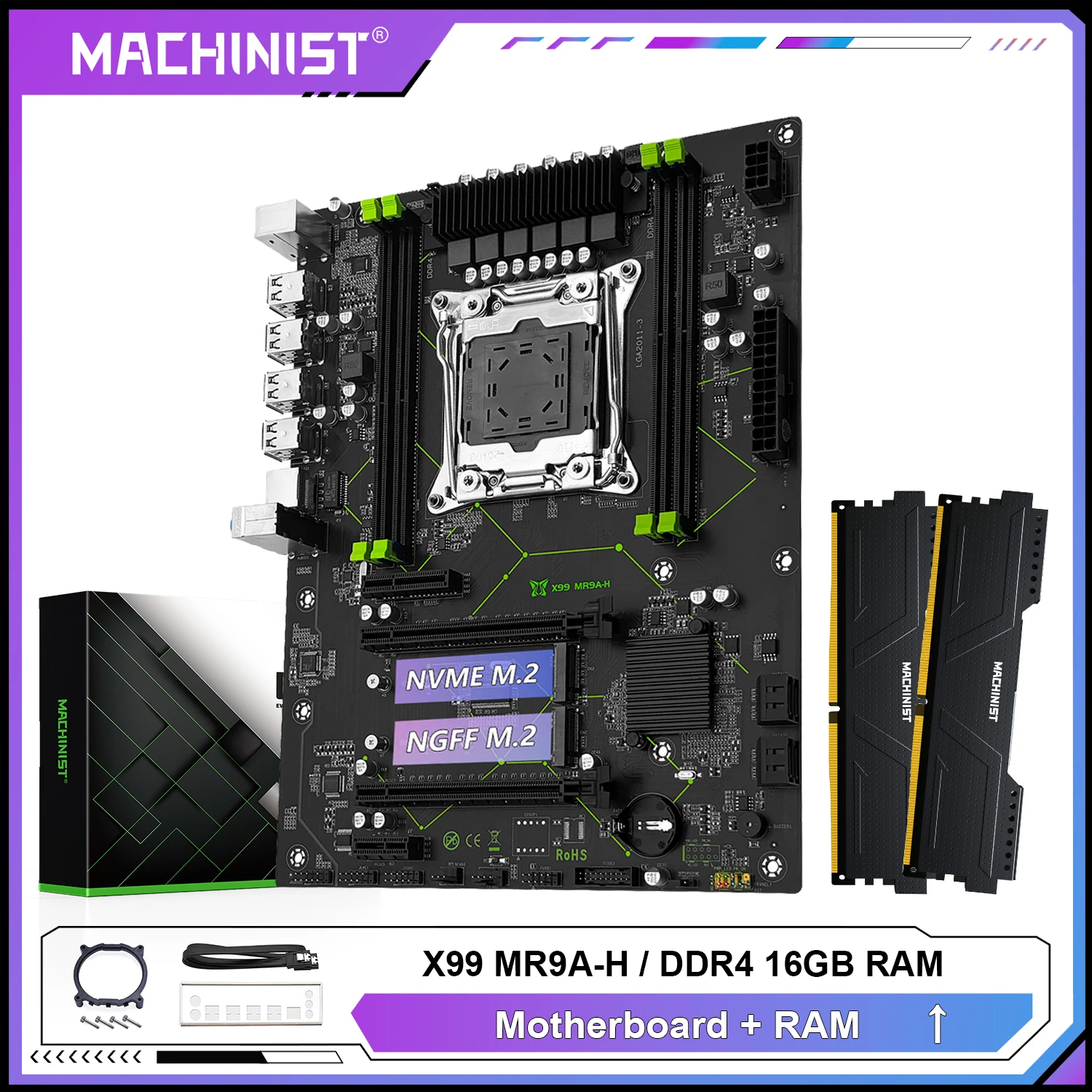 MACHINIST X99 Motherboard ,Optional Combo Xeon E5 2660 V3 LGA 2011-3 CPU and DDR4 16GB RAM Kit Dual-channel NVME M.2 MR9A-H