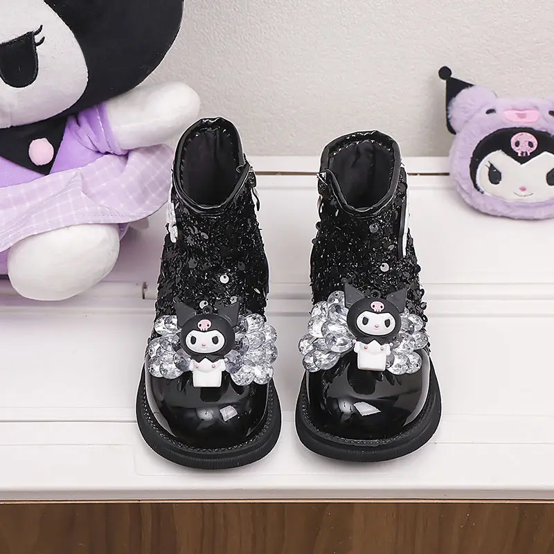 Kuromi meninas martin botas sanrio kawaii crianças botas de couro de fundo macio outono inverno anime dos desenhos animados infantil bonito festa botas curtas