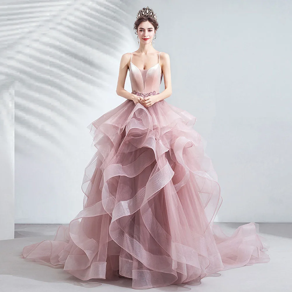 2024 New Pink Long Lady Girl Women Princess Prom Dress Performance Banquet Party Ball Dress Gown Polyester Long Evening Dress