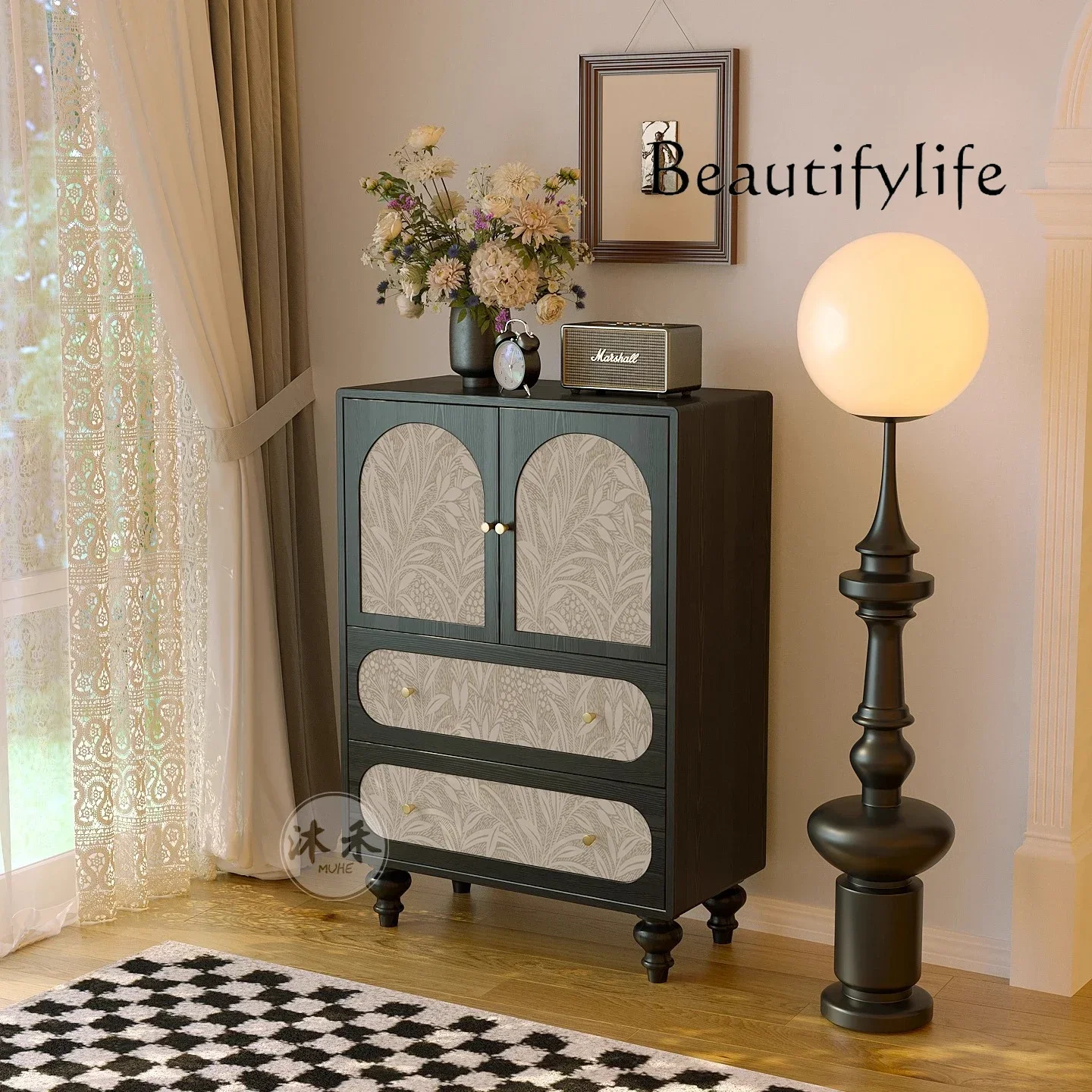 

aQ WW French Simple Light Luxury Solid Wood Chest Cabinet Living Room Wall Drawer Cabinet Retro Bedroom Home Locker