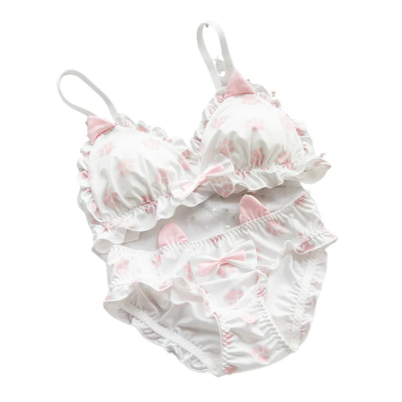 

Japanese soft girl bra set, cute kitten paw design, milk silk fabric, wire-free triangular cup women's lingerie