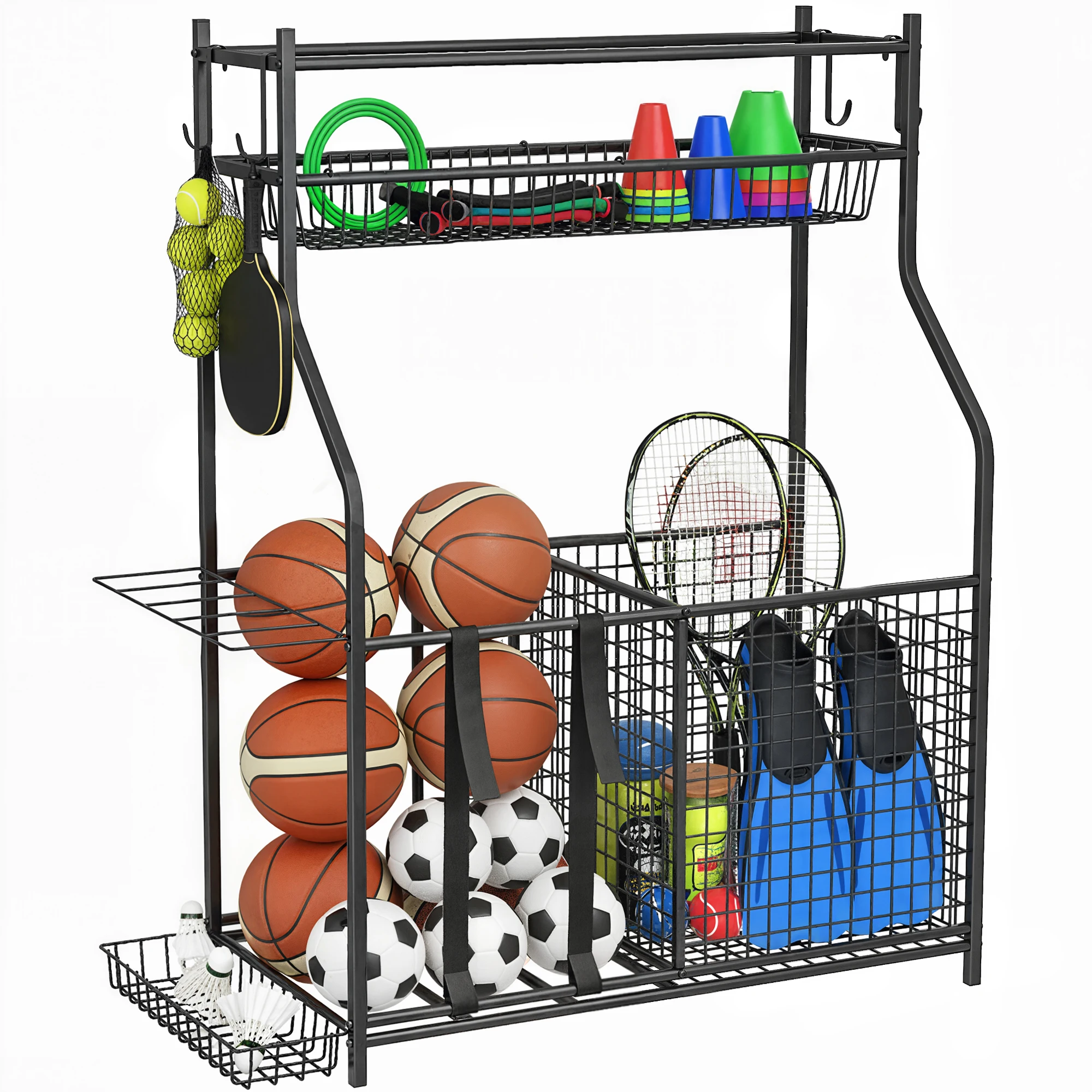 SPORTNOW sportuitrusting opbergoplossing, Bullet sportuitrusting organizer, speelgoed met manden, afneembare haken, elastische banden, binnen en buiten, garage, school, zwart