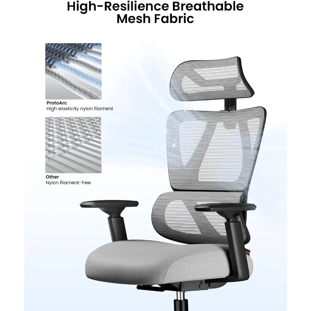 Ergonomische bureaustoelen met 30% dikker zadelvormig veerkussen, grote en hoge mesh-stoel met hoofdsteun voor thuiskantoor