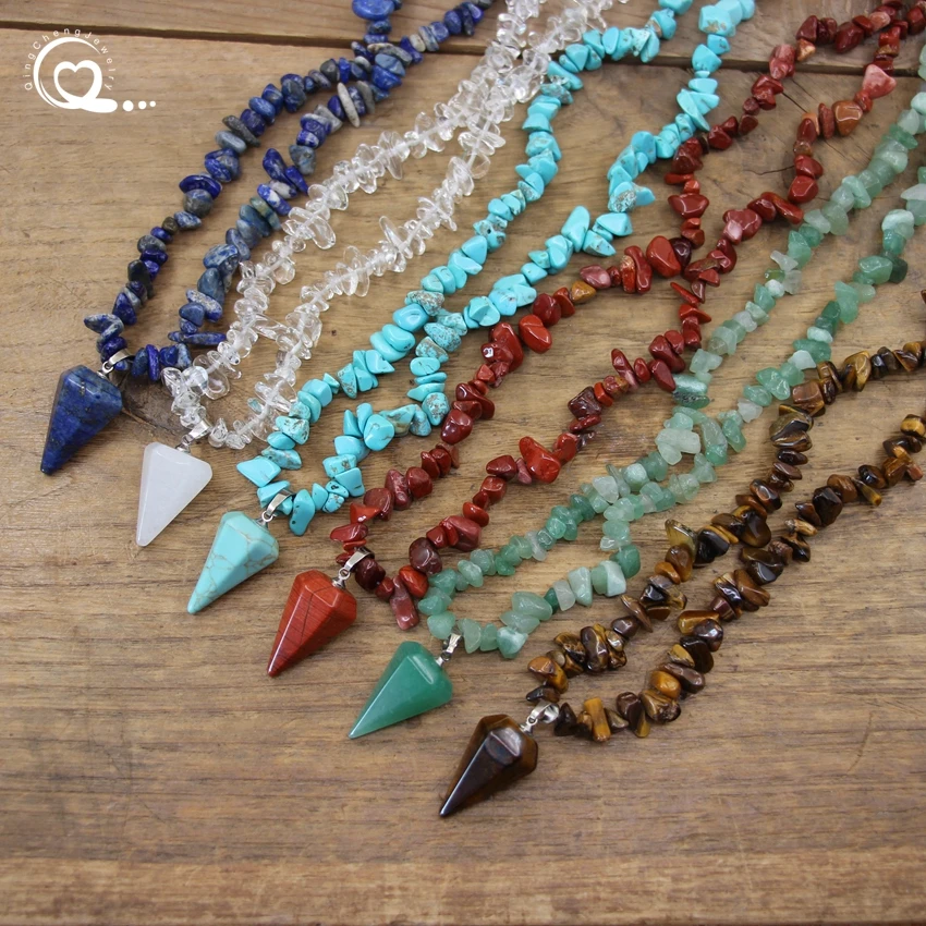 

Healing Crystal Quartz Cone Point Pendants Natural Stone Chip Beads Necklace Lapis Amethyst Turquoise Jewelry For Women QC3348