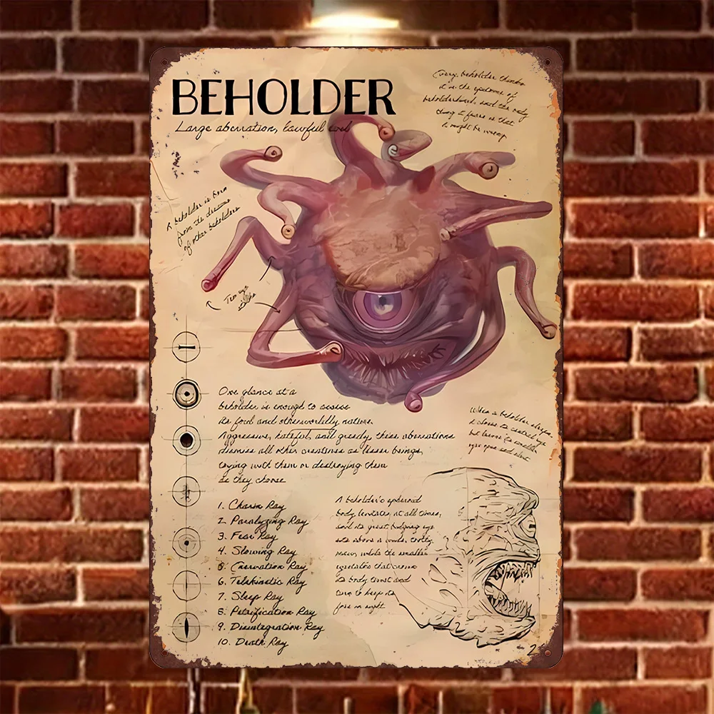 Letrero Metálico HD de D&D Beholder Monster, Decoración de Pared de Arte Fantástico Vintage para Sala de Juegos, Cueva del Hombre, para Fans de Dungeons & Dragons