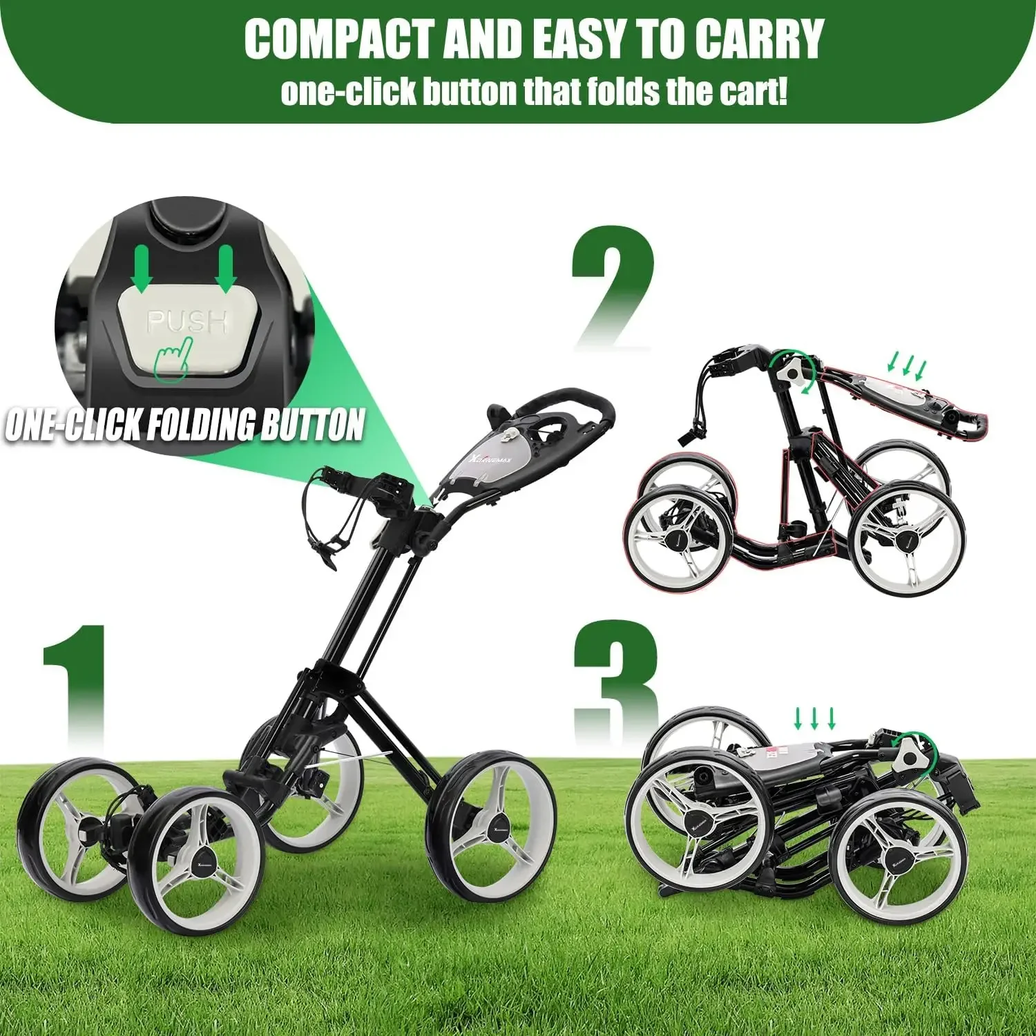 4 Wheel Golf Push Cart, One-Click Folding  Trolley Lightweight  Bag Pull Cart Caddy for  Clubs