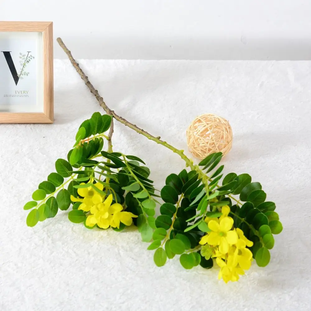 Plastic Artificial Locust Tree Branch with Green Leaves Elegant Simulated Yellow Locust Flowers Realistic Handmade Fake Flowers