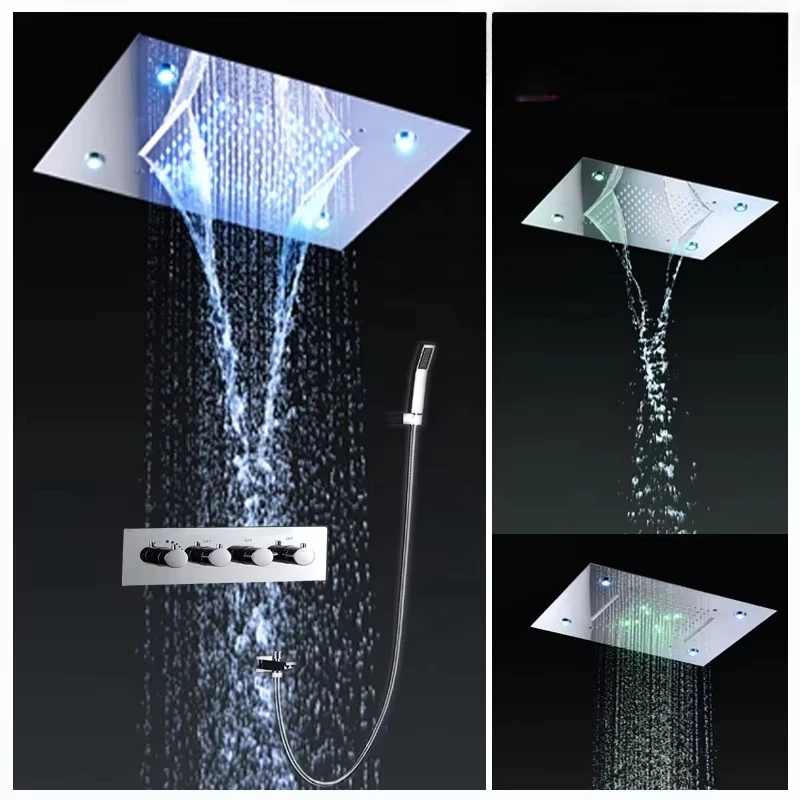 Stainless Steel Ceiling Mount 360x500mm Rainbow Color Rainfall Waterfall Overhead Shower Multi-Function LED Shower Head Set