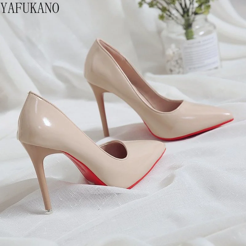 Nude Color Small Fresh High Heels Patent Leather Stiletto Single Shoes Korean Sexy Pointed Pumps Black Professional Work Shoes