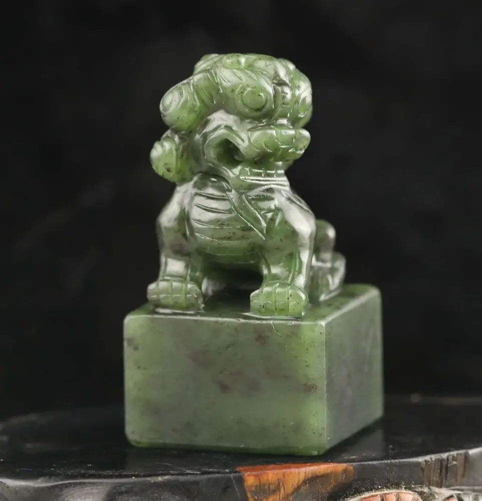 

Old natural hetian green jade hand-carved statue of lion seal