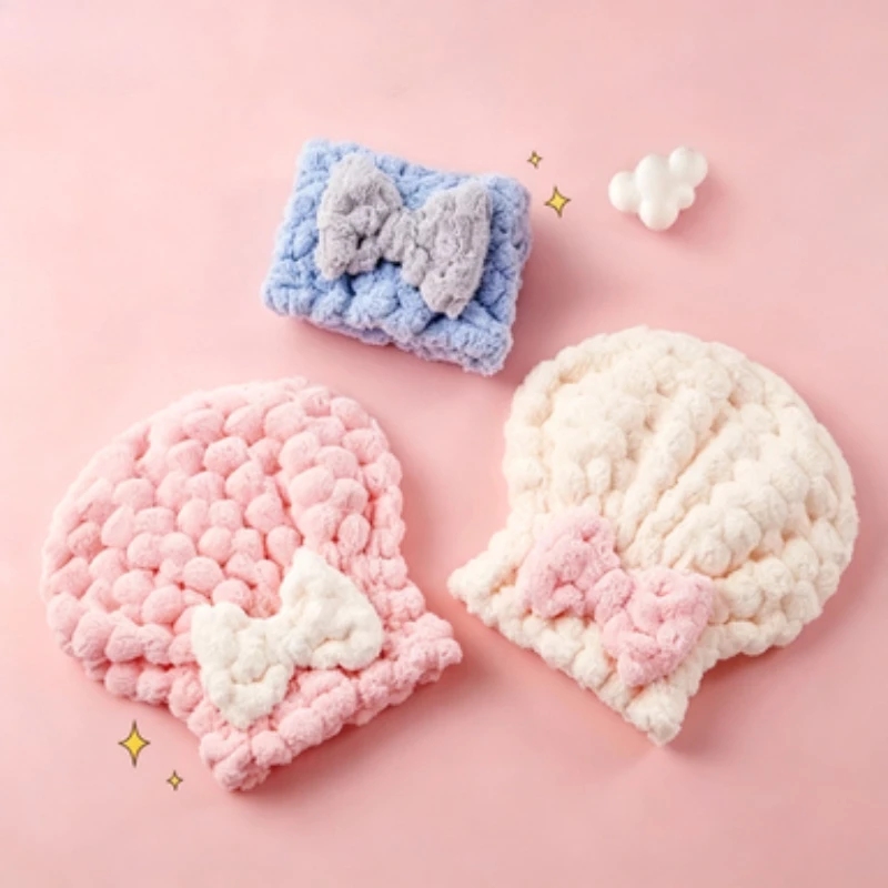 Cute Bow Super Absorbent Quick Drying Hair Cap Thickened Shower Cap Women's Coral Fleece Wrapped Hair Dryer Towel