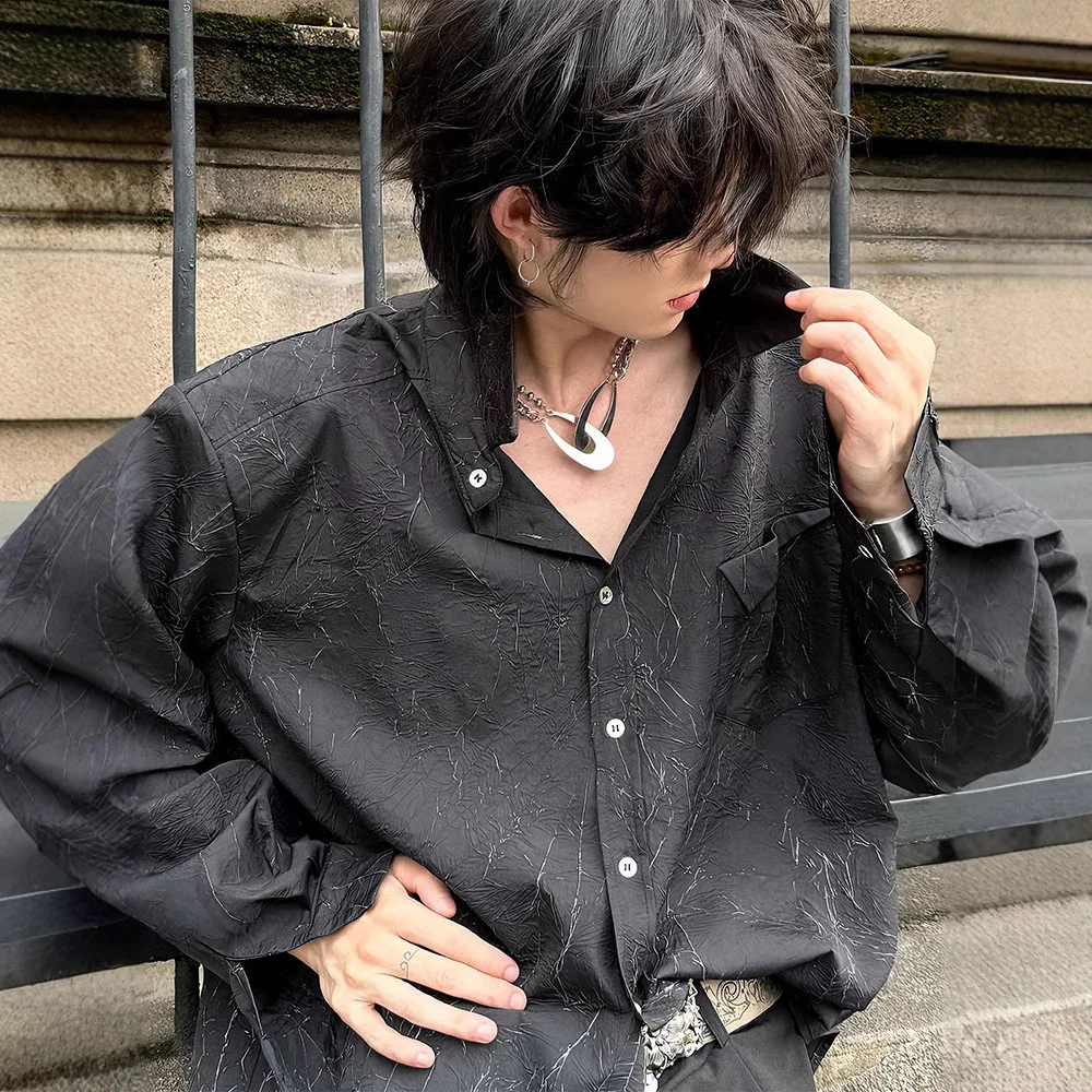 

Men's Long Sleeve Black Shirt With Shoulder Pads Niche Textured Crackle Design High End Cool Loose Shirt Jacket