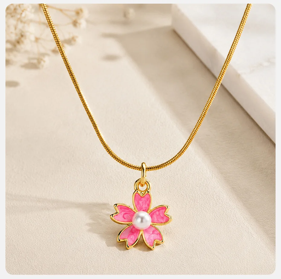 Vnox Exquisite Tropfenöl Rosa Blumen Imitationsperlen Anhänger Halskette für Frauen Vergoldete Süße Blumen Schlüsselbein Kette Schmuck – Detail 5