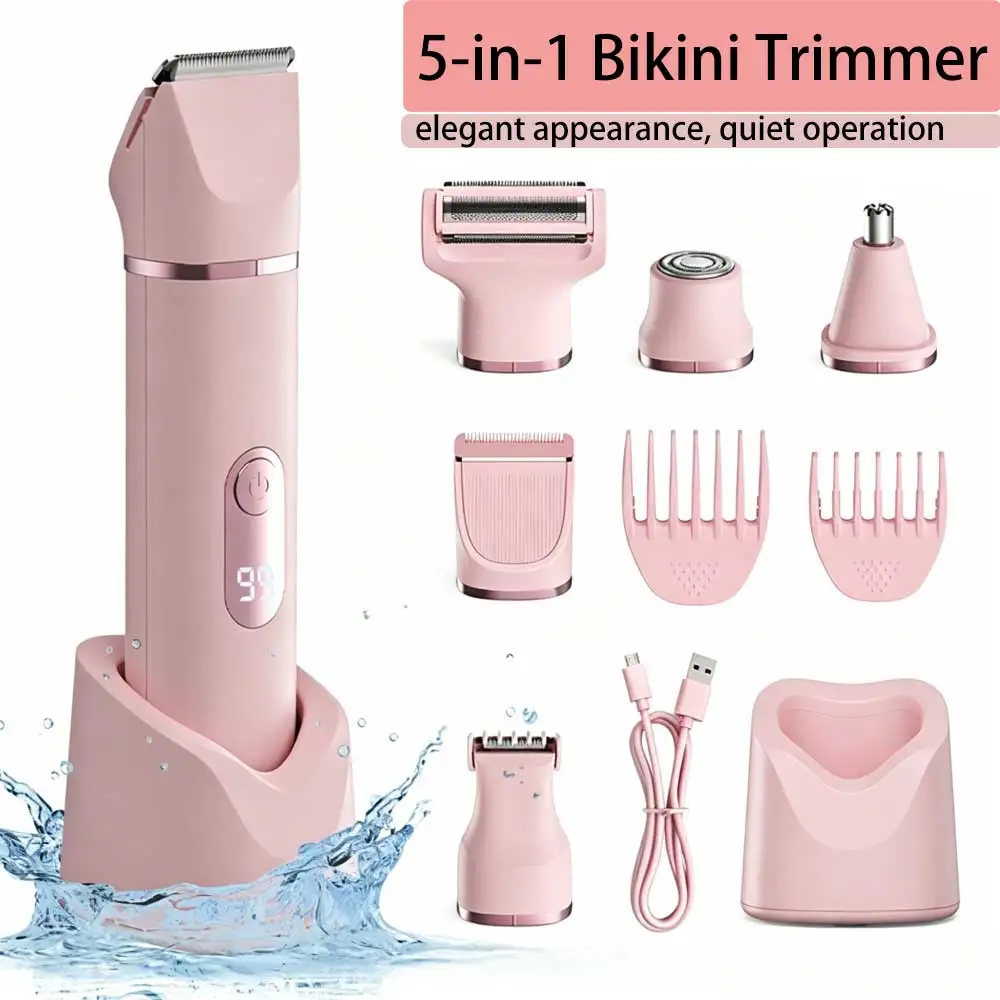 Electric Razors for Women 5 in 1 Electric Shaver for Pubic Hair Trimmer IPX7 Waterproof Wet Dry Use Bikini Shaver for Body, Pink