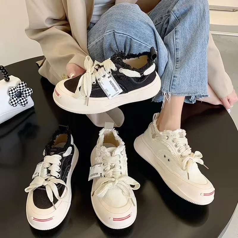 

Round Toe Espadrille Shoes Clogs Platform 2023 Fashion Women's Casual Female Sneakers Creepers Modis Summer Small PU Canvas Lace