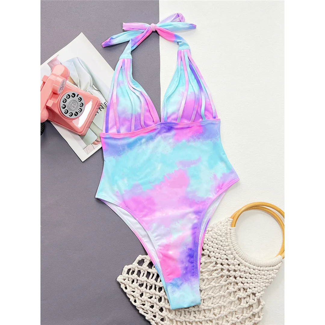 Neuer, sexy, batikfarbener Badeanzug mit V-Ausschnitt und Neckholder für Damen, einteiliger Badeanzug, Monokini mit hohem Beinausschnitt, Badebekleidung, Badeanzug V4624 – Detail 9