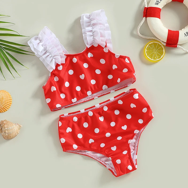 Yiiciovy Baby Kid Girl 2 sztuk stroje kąpielowe Bikini Set lato Leopard/serce nadruk w kropki podkoszulki bez rękawów z szorty plażowe stroje