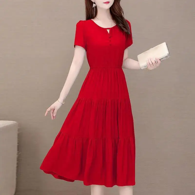 Elegant Fashion Lace Spliced V-Neck Chiffon Dresses 2023 Summer Women\'s Clothing Korean Simplicity Slim Solid Color Female Dress