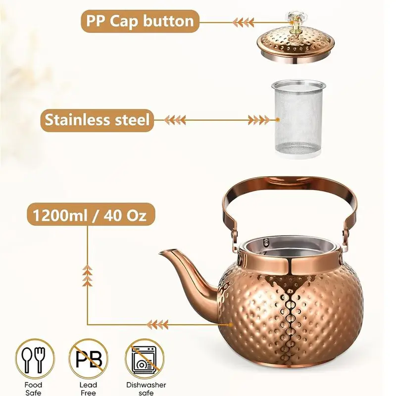 ABYA Stainless Steel Teapot with Infuser 1.2 L,Kettle Teapot with Removable Filter-for Filtering Tea Or Other Teas,Bronze
