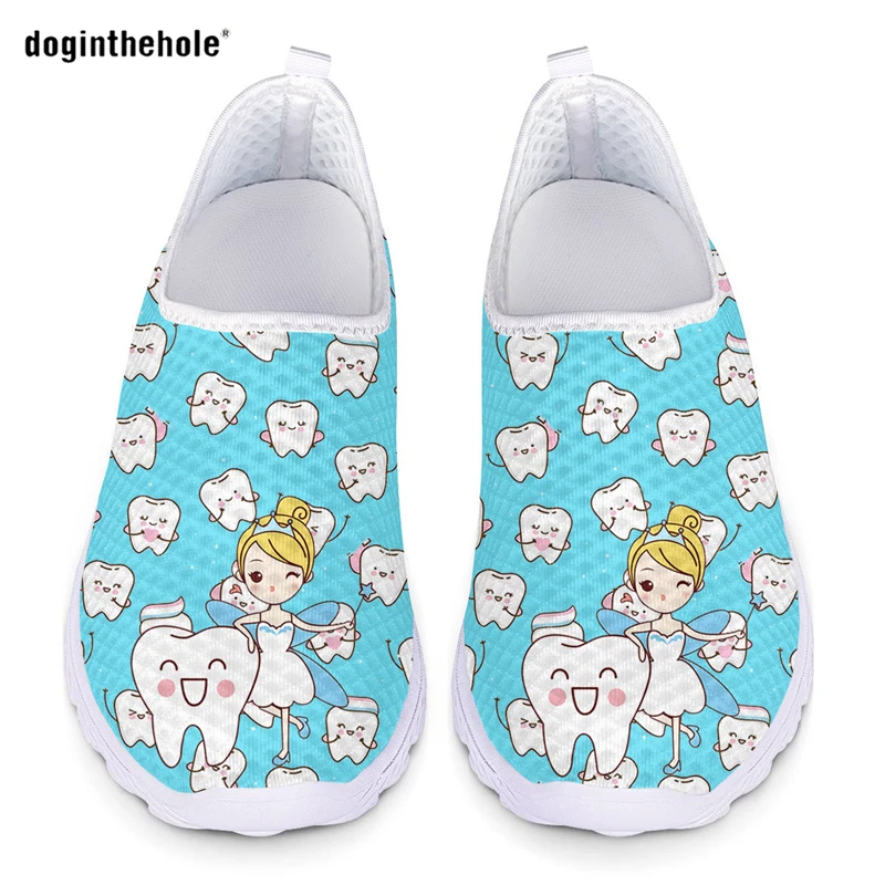 doginthehole Women Mesh Slip on Shoes Breathable Sport Sneaker for Ladies Angel Dental Tooth Print Cute Girl Walking Shoes