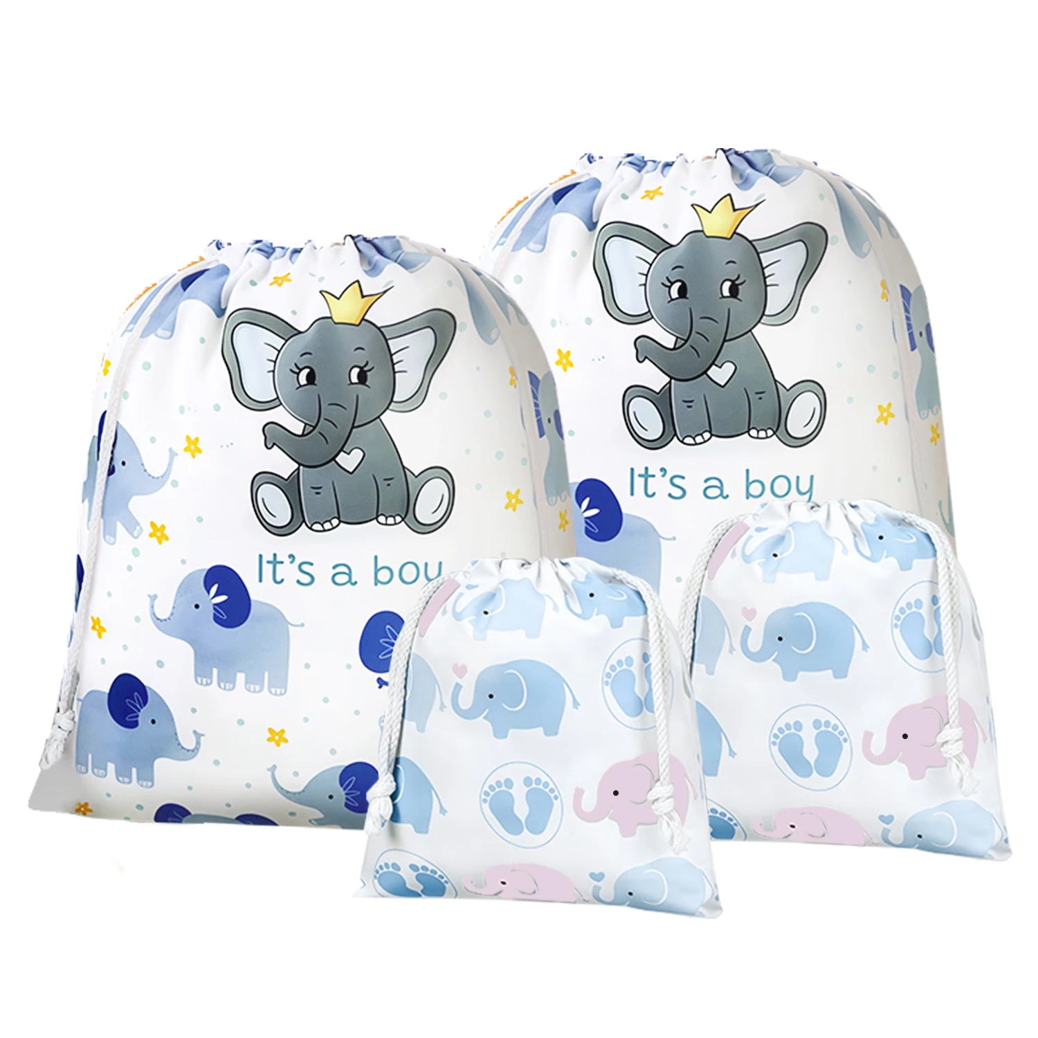 

Набор из 4 подарочных мешочков на завязках для мальчиков, многоразовые тканевые мешки, 20 дюймов (большие) и 12 дюймов (средние), с рисунком слонов, для угощений на гендер-пати