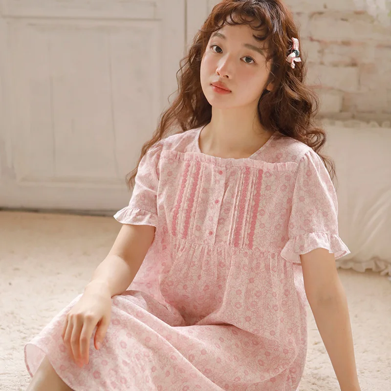 Sweet Floral  Cotton Round Neck Nightgowns For Women  Short Sleeve Loose Elegant Nightwear