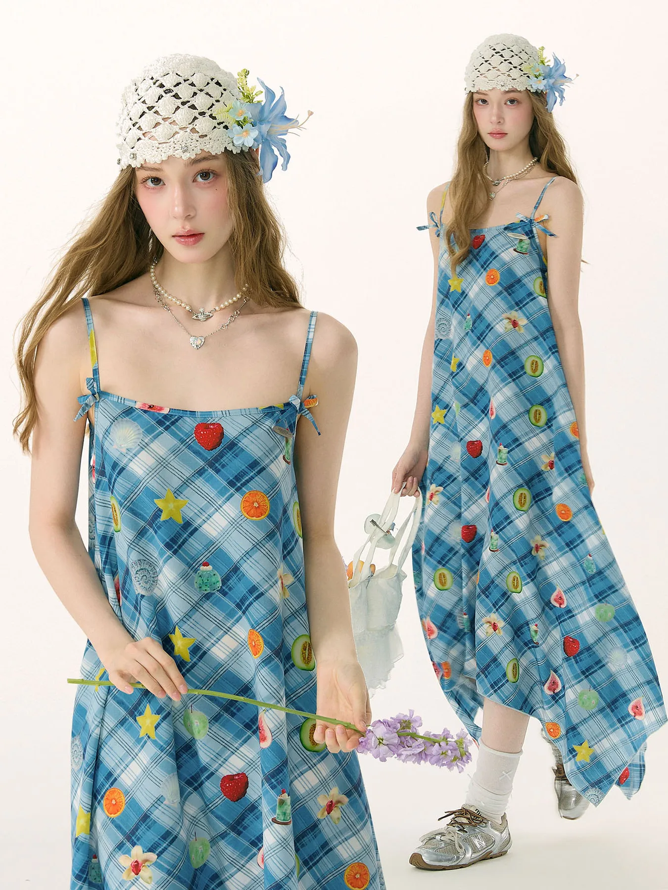 

ZiziFei Summer Blue Plaid Print Long Strapless Dress Fun Design A-Line Skirt Polyester Fabric No Sleeve Loose Fit Women's Dress