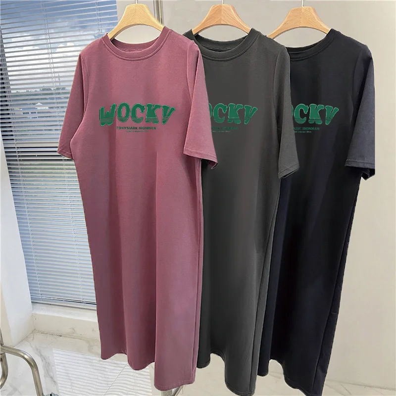 Women WOCKV Letter Print Long T Shirt Dress Oversized Loose Maxi Tee Dress Casual Short Sleeve Soft Cotton Summer Dress view 6