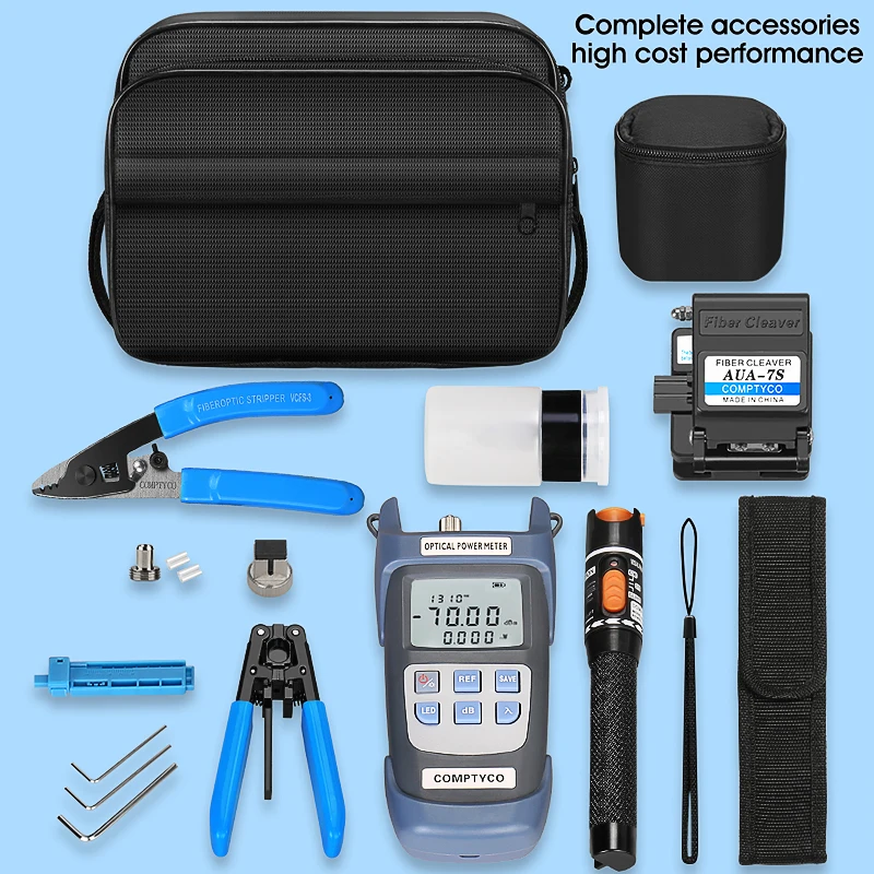 Imagem -06 - Ftth Fibra Óptica Tool Kit com Cutelo Visual Fault Locator Power Meter Aua7s-70+ 10dbm 10mw 19 Pcs Set