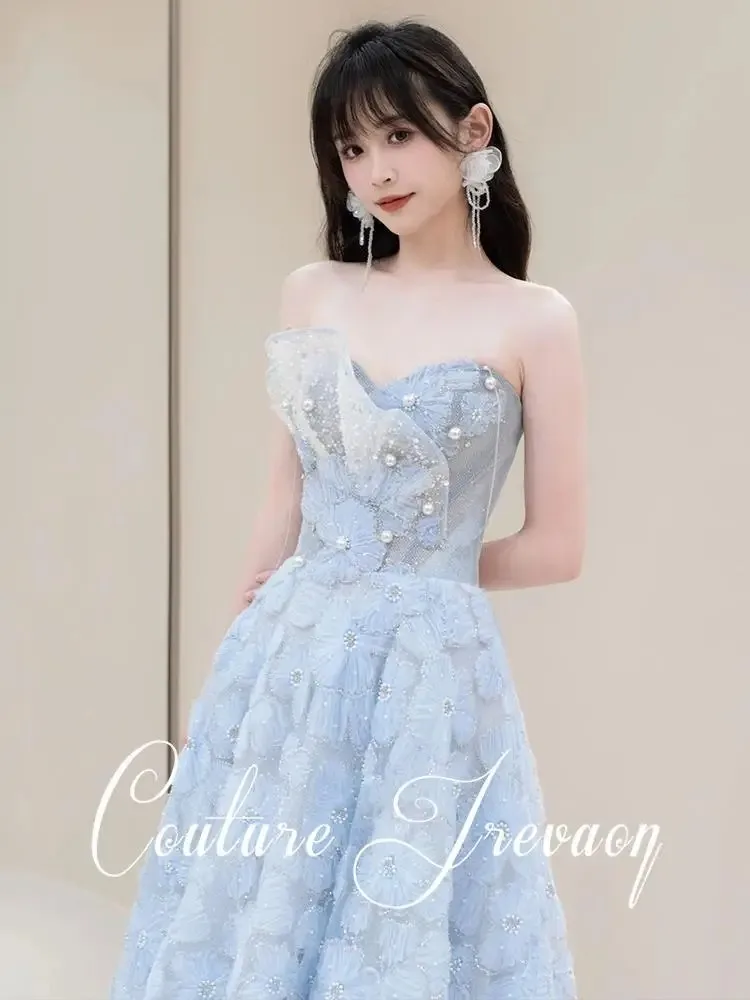 Azul vestidos de celebridades floral a linha apliques sem alças pérolas querida fada longo quinceanera festa de formatura vestidos de baile