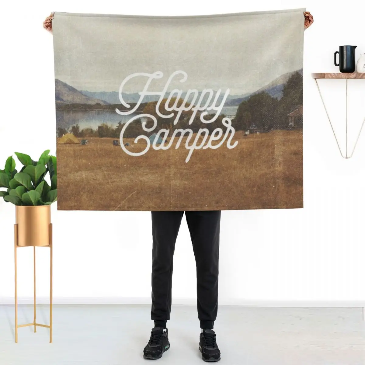 HAPPY CAMPER Throw Blanket Moving Loose Soft Plaid Soft Plush Plaid Custom Bed linens Blankets