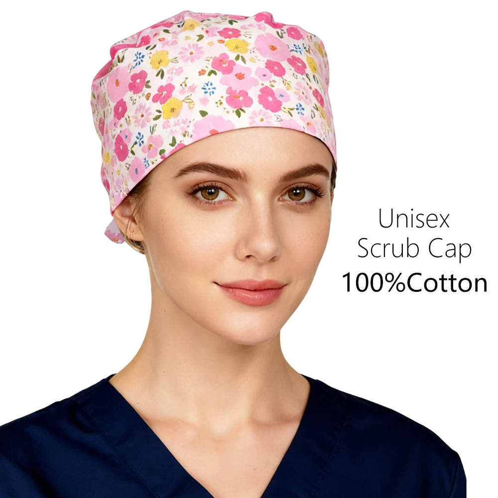 

Хирургическая шапочка с цветочным принтом, женская хлопковая шапочка-скраб, косметологическая милая шляпа, спа-лаборатория, регулируемая шапочка для медсестры, ветеринарная шапочка-скраб