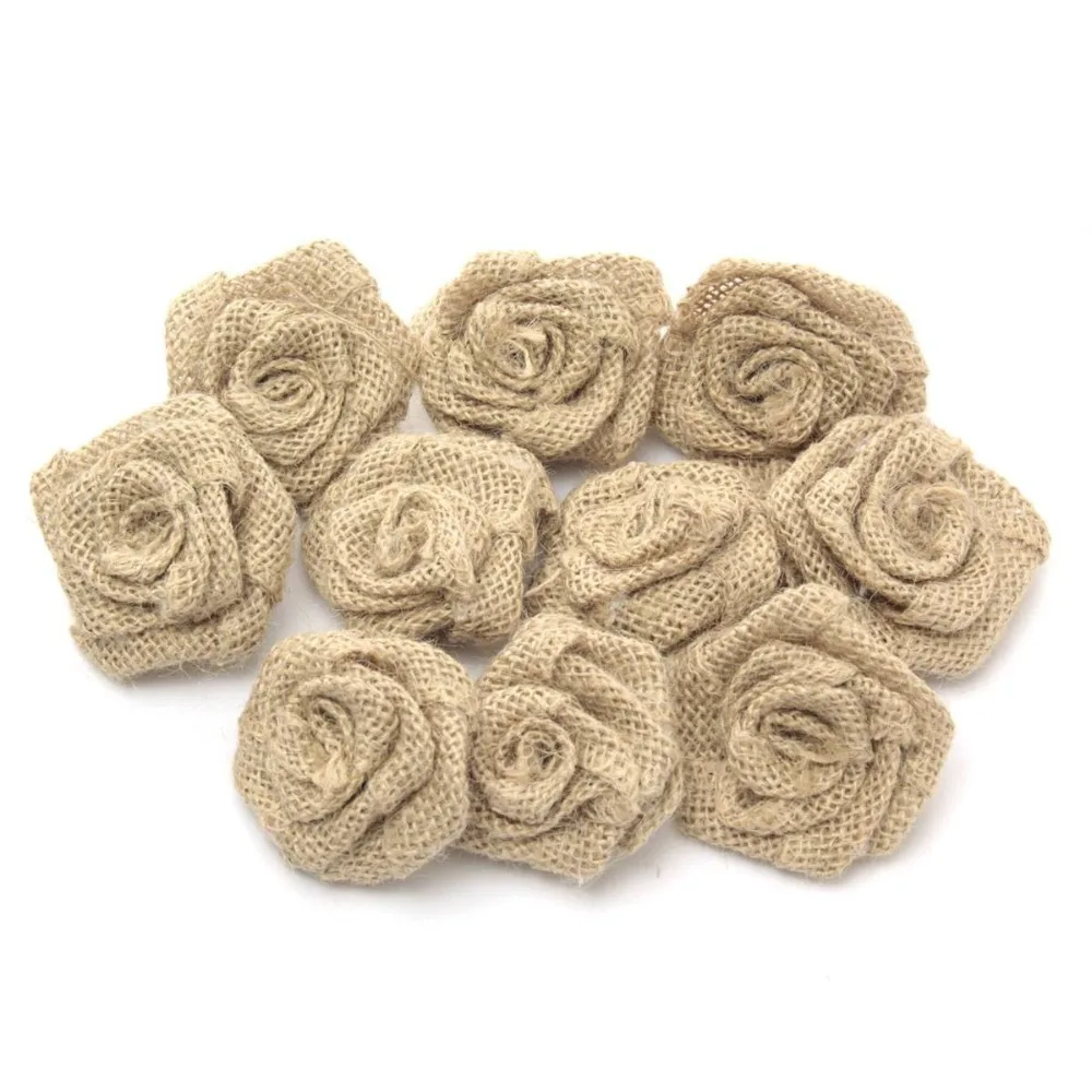 Pack Of 10 5.5cm Vintage Rustic Rose Flower Burlap Hessian Jute Wedding Decoration Natural Color AA8050