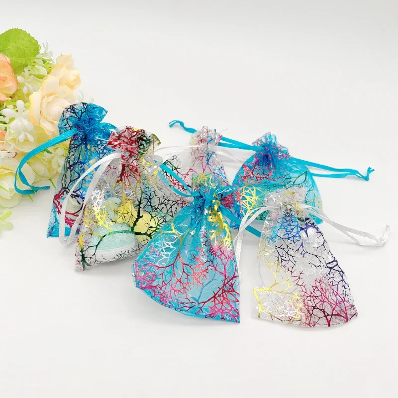 

Colorful Coral Gift Bags Wedding Packaging Organza Gift Bag Jewelry Storage Bags Mesh Drawstring Sachet White and Blue 100PCs