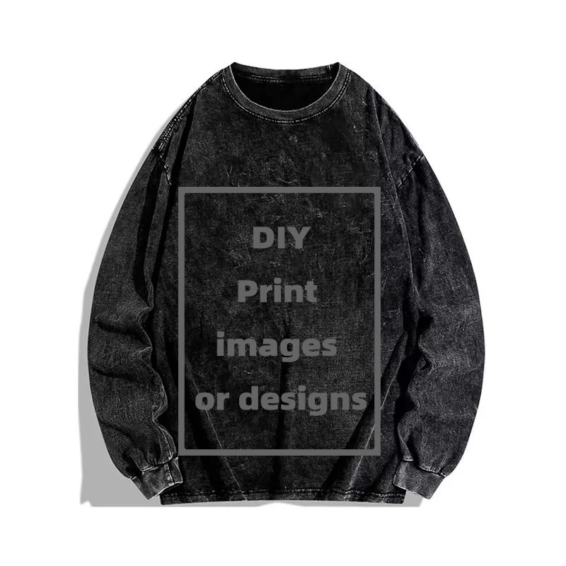 DIY Washing Distressed 260GSM Cotton T-shirts Heavy Long Sleeves Tees Custom Images Print Logo Personalized Clothes Hip Hop Tops