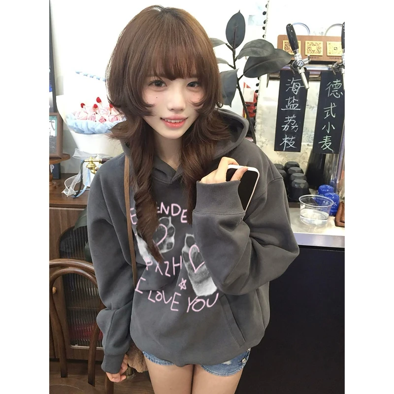 Y2k American Vintage Long Sleeve Hoodie Streetwear Letter Print Slim Women Casual Sweatshirt Sweet Pure Color 2025 Autumn