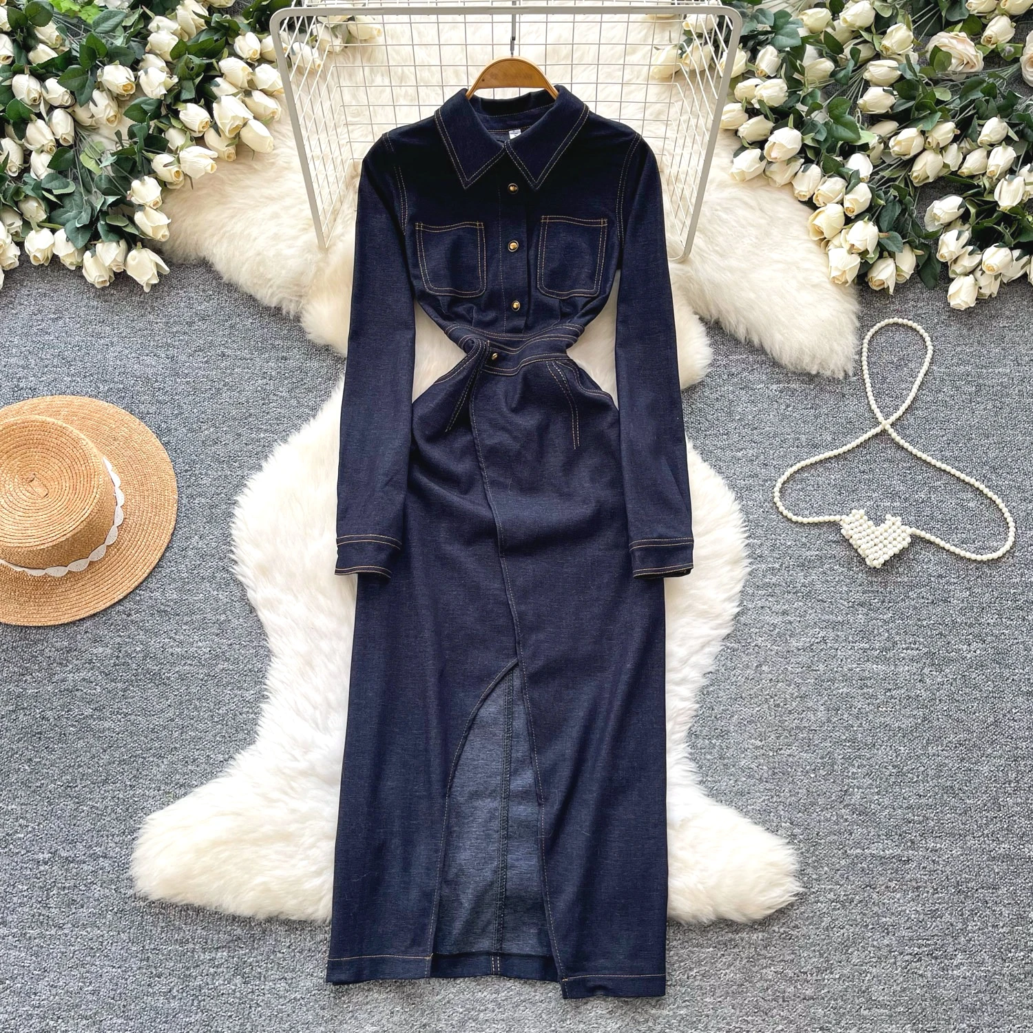 

Long Dress Women Denim Dresses A Line Vestidos Y2k Streetwear Slim Fit Turn Down Collar Elegant High Waist Party Night Work